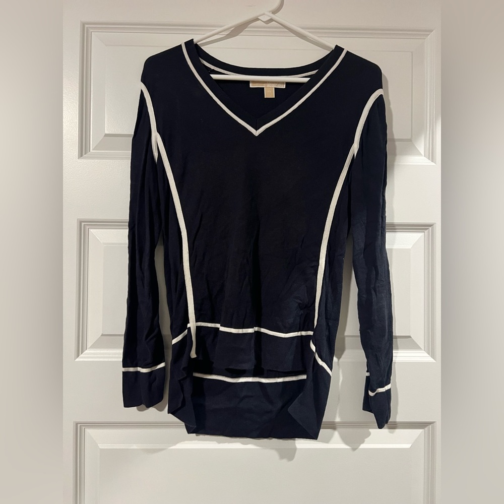 Navy and White V-Neck Women's Top